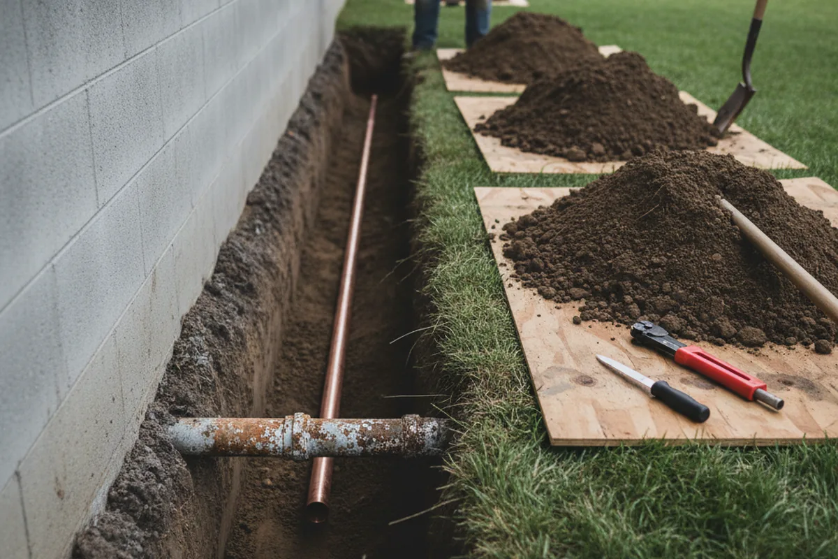 Excavated water line trench during Water Softener Installation in Arcadia